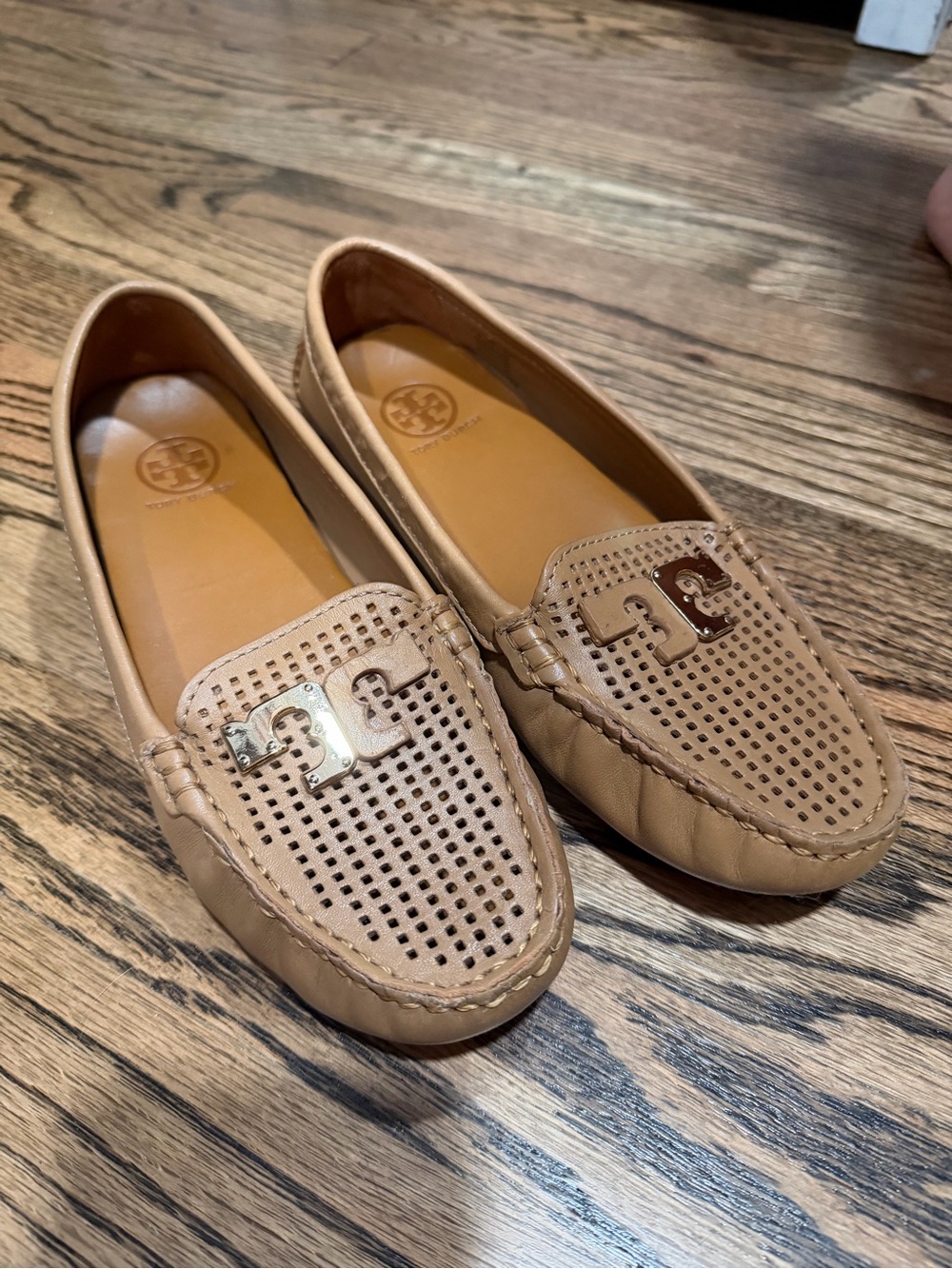 Tory Burch Beige Perforated Logo Driving Loafers